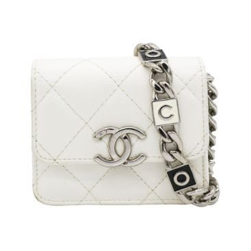 CHANEL Micro Caviar Quilted Card Holder On Chain White