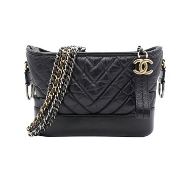CHANEL Aged Calfskin Quilted Small Gabrielle Logo Hobo in Black