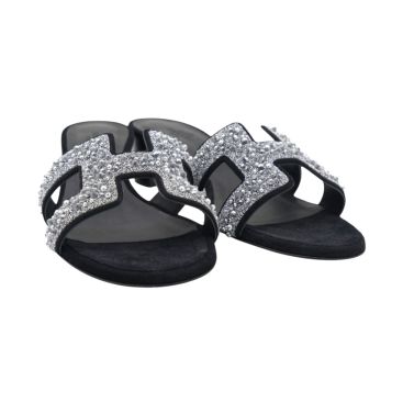 HERMÈS Silver/Black Beads And Suede Embellished Oasis Slide Sandals Size 38