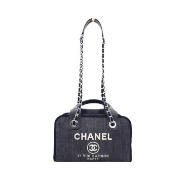 CHANEL Denim Deauville Bowling Bag Navy