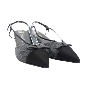 CHANEL Tweed Satin Cap Toe CC Slingback Pumps Black Grey Size 37.5