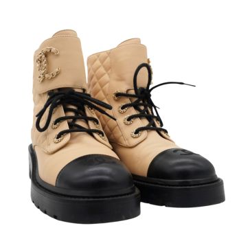 CHANEL Lambskin Calfskin Quilted Lace Up Combat Boots Beige Black Size 38.5