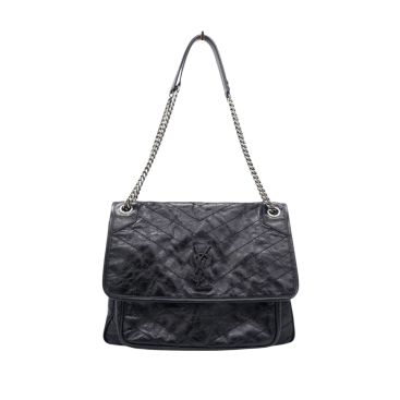 SAINT LAURENT Crinkled Calfskin Matelasse Monogram Medium Niki Chain Satchel Black