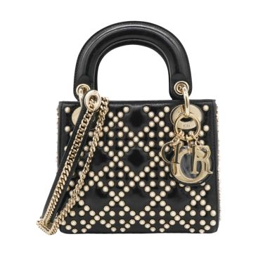 CHRISTIAN DIOR Crinkle Effect Lambskin Pearl Cannage Mini Lady Dior Black