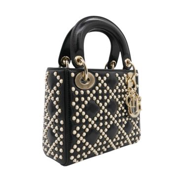 CHRISTIAN DIOR Crinkle Effect Lambskin Pearl Cannage Mini Lady Dior Black