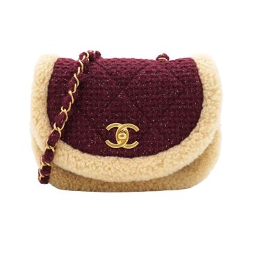 CHANEL Burgundy Tweed 22K Shearling Trim Flap Crossbody Bag