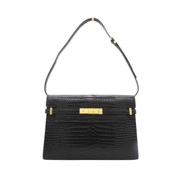 SAINT LAURENT Shiny Calfskin Crocodile Embossed Manhattan Baguette Black Medium