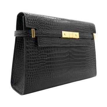 SAINT LAURENT Shiny Calfskin Crocodile Embossed Manhattan Baguette Black Medium