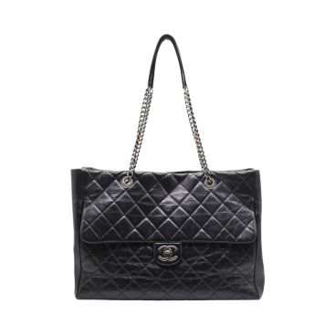 CHANEL Glazed Calfskin Quilted Front Flap Shopping Tote
