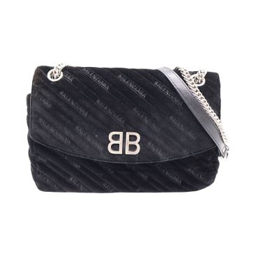 BALENCIAGA Black Velvet BB Chain Shoulder Bag